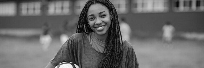 Young female soccer athlete holding a ball